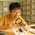 虫の標本を観察しながら自由研究に熱中する日本の小学生の男の子