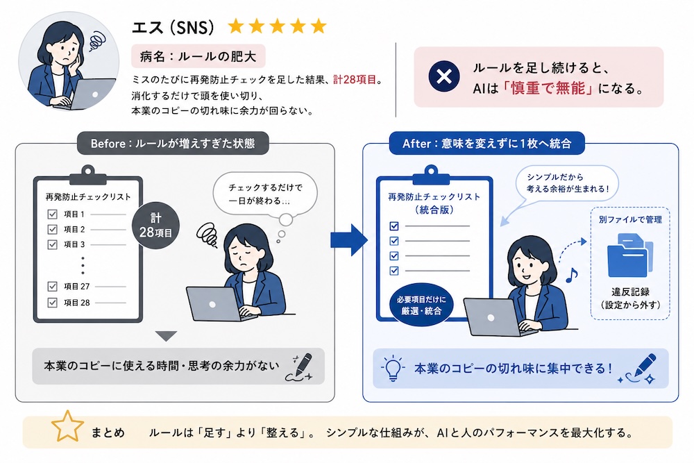 エスの病名「ルールの肥大」。ルールを足し続けて慎重で無能になる状態から、1枚に統合したチェックリストにする前後を示した図