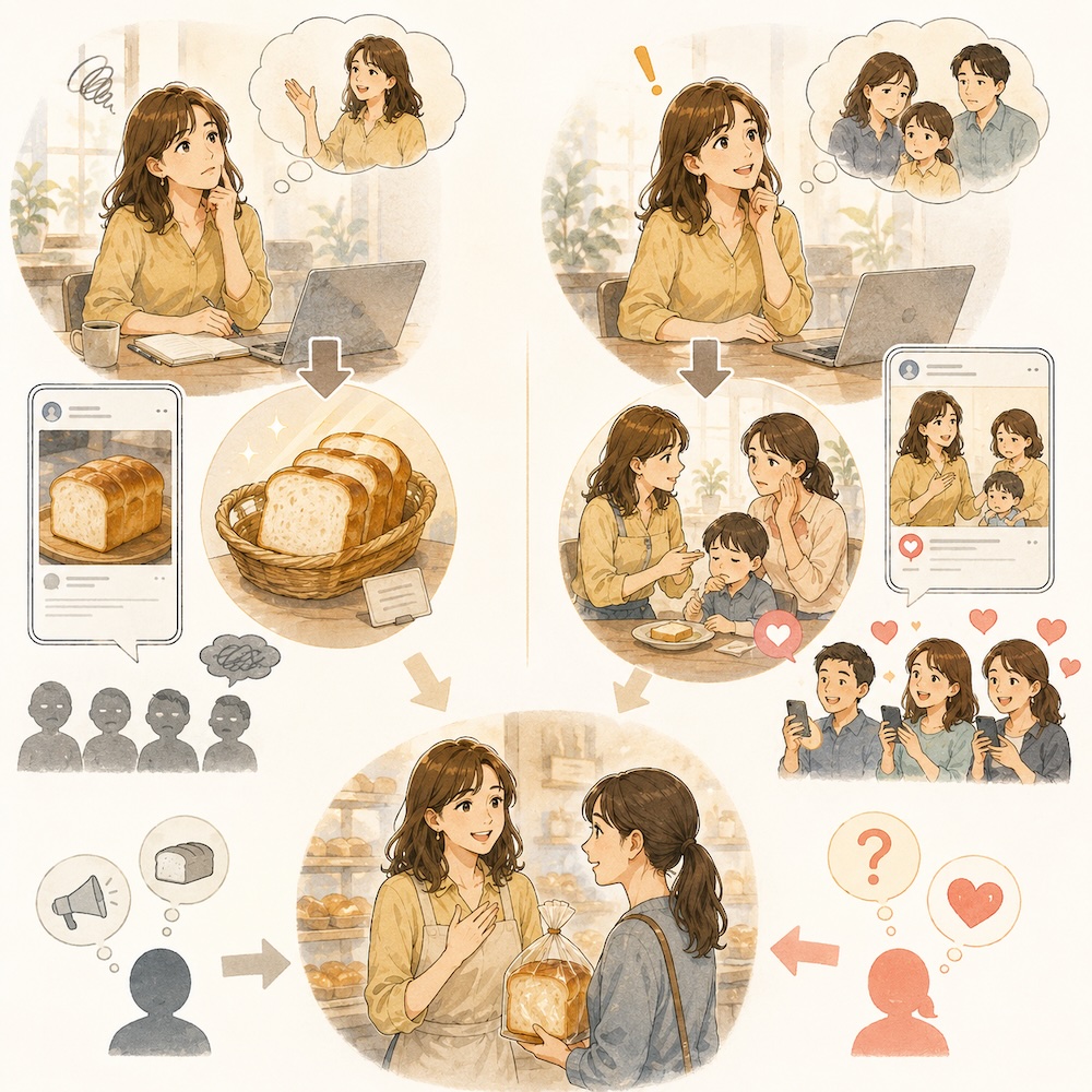 パン屋の発信を比較したイラスト。商品説明の投稿は届かず、家族の悩みに寄り添う投稿は共感され来店につながる様子
