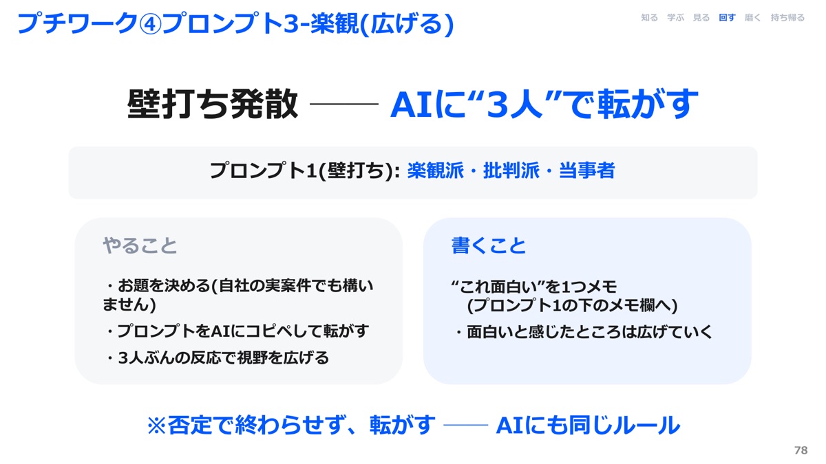 研修スライド抜粋: AIとの壁打ちワークの進め方