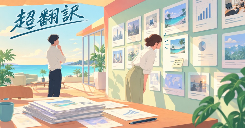 壁に並んだ実績を眺める男性と、その一枚に顔を寄せて手書きメモを読む女性