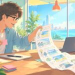 オーシャンビューの書斎で、まんが形式の説明資料を広げて見る眼鏡の男性を描いたイラスト