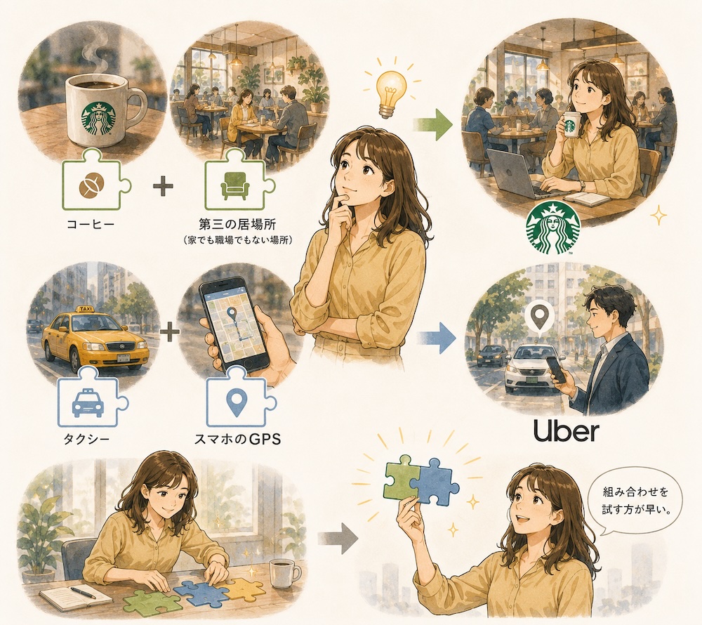 コーヒーと第三の居場所、タクシーとスマホのGPSを組み合わせるイラスト