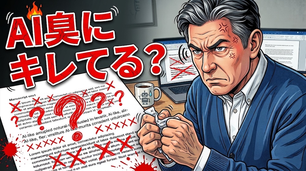 赤字だらけの原稿を睨む男性のイラスト「AI臭にキレてる?」
