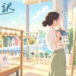 ハンガーに小さな家の模型がずらりと掛かったショールームで、鏡の前で家の模型を体にあてて笑顔を見せる女性のイラスト（超翻訳）
