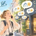 東京の路地の小さなホテルの前で、外国から来た旅行者が楽しそうに電話で友達に話し、家と笑顔の吹き出しが広がっていくイラスト（超翻訳）