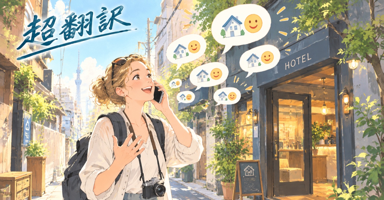 東京の路地の小さなホテルの前で、外国から来た旅行者が楽しそうに電話で友達に話し、家と笑顔の吹き出しが広がっていくイラスト（超翻訳）