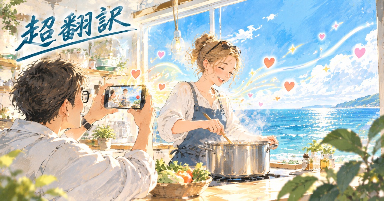 海が見えるキッチンで大きな鍋の出汁をとる女性と、その姿をスマホで撮るメガネの男性。窓の外へハートやきらめきが広がっていくイラスト（超翻訳）