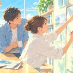 海の見える部屋で、新聞の切り抜きを壁のボードに貼る女性と、マグカップを手にそれを見る男性のイラスト（超翻訳）