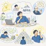 青いシャツの男性が、付箋が一面に広がった机でペンをあごに当てて考えているイラスト。上の吹き出しには、1枚の付箋を掲げる男性と、その先の山と大勢の人の影。右上では、眼鏡をかけた年配の男性がたくさんの電球を思い浮かべている。下の段では、男性が付箋を何枚も書き、積み上がった付箋の山の頂上で電球が光り、最後に男性が光る電球を手に笑っている。