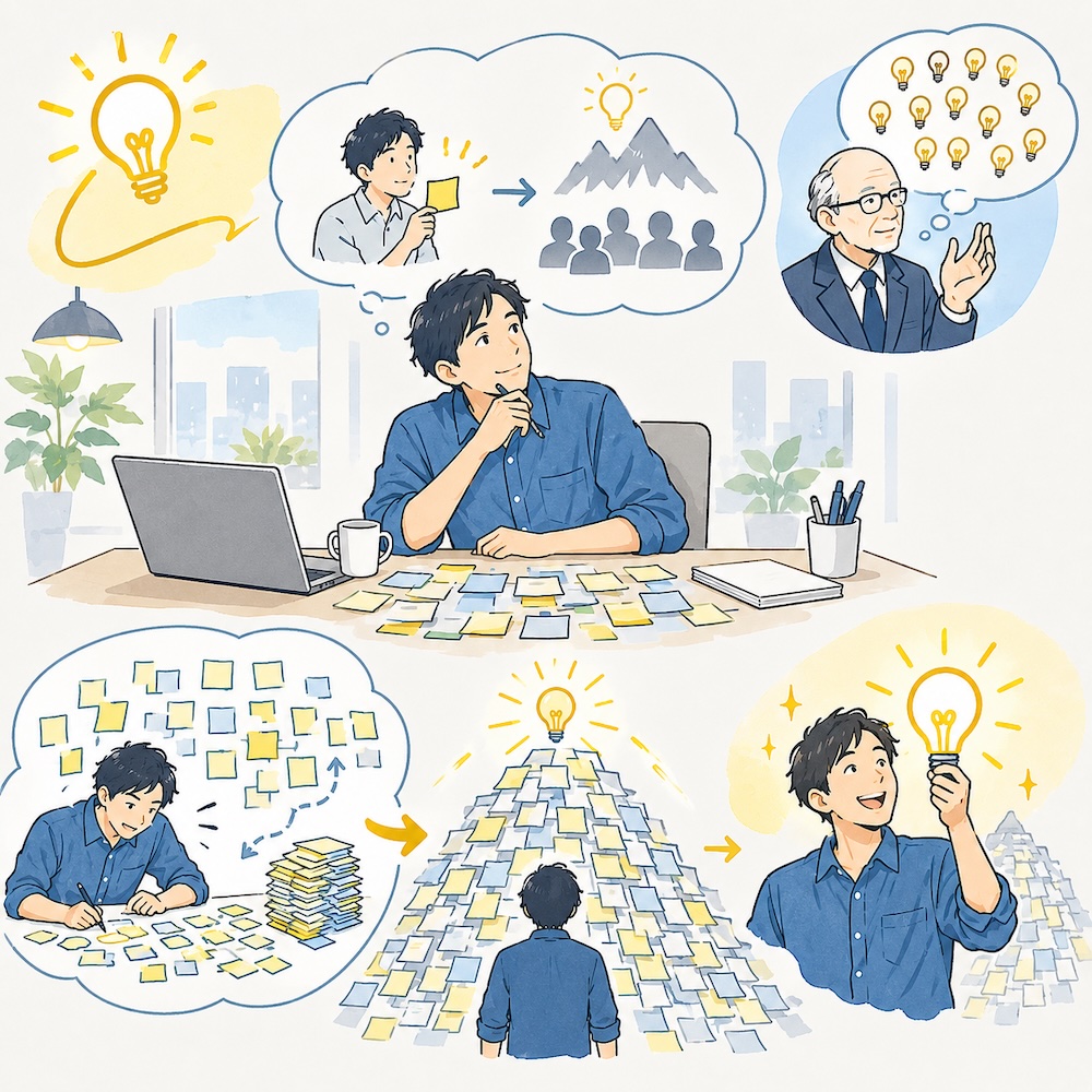青いシャツの男性が、付箋が一面に広がった机でペンをあごに当てて考えているイラスト。上の吹き出しには、1枚の付箋を掲げる男性と、その先の山と大勢の人の影。右上では、眼鏡をかけた年配の男性がたくさんの電球を思い浮かべている。下の段では、男性が付箋を何枚も書き、積み上がった付箋の山の頂上で電球が光り、最後に男性が光る電球を手に笑っている。