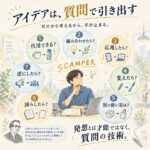 上に「アイデアは、質問で引き出す」、その下に「ゼロから考えるから、手が止まる。」と書かれたイラスト。中央では青いシャツの男性が、ノートパソコンとノートを前にペンをあごに当てて考えていて、頭の上に「SCAMPER」の文字。男性のまわりの7つの吹き出しに、番号つきで「代用できる？」「組み合わせたら？」「応用したら？」「変えたら？」「別の使い道は？」「減らしたら？」「逆にしたら？」と書かれ、それぞれにマグカップから水筒、電球と葉、スマートフォンからノートパソコン、鉛筆から筆、段ボール箱から手提げ袋、重なった書類から1枚の紙、メガホンから人の集まりへの小さな絵がついている。左下には眼鏡をかけたスーツの年配の男性の絵と「広告マンのアレックス・オズボーンが1950年代に発想を促す質問リストを考案。のちにボブ・エバールが7つに整理してSCAMPERと名づけました。」の説明、右下に「発想とは才能ではなく、質問の技術。」。