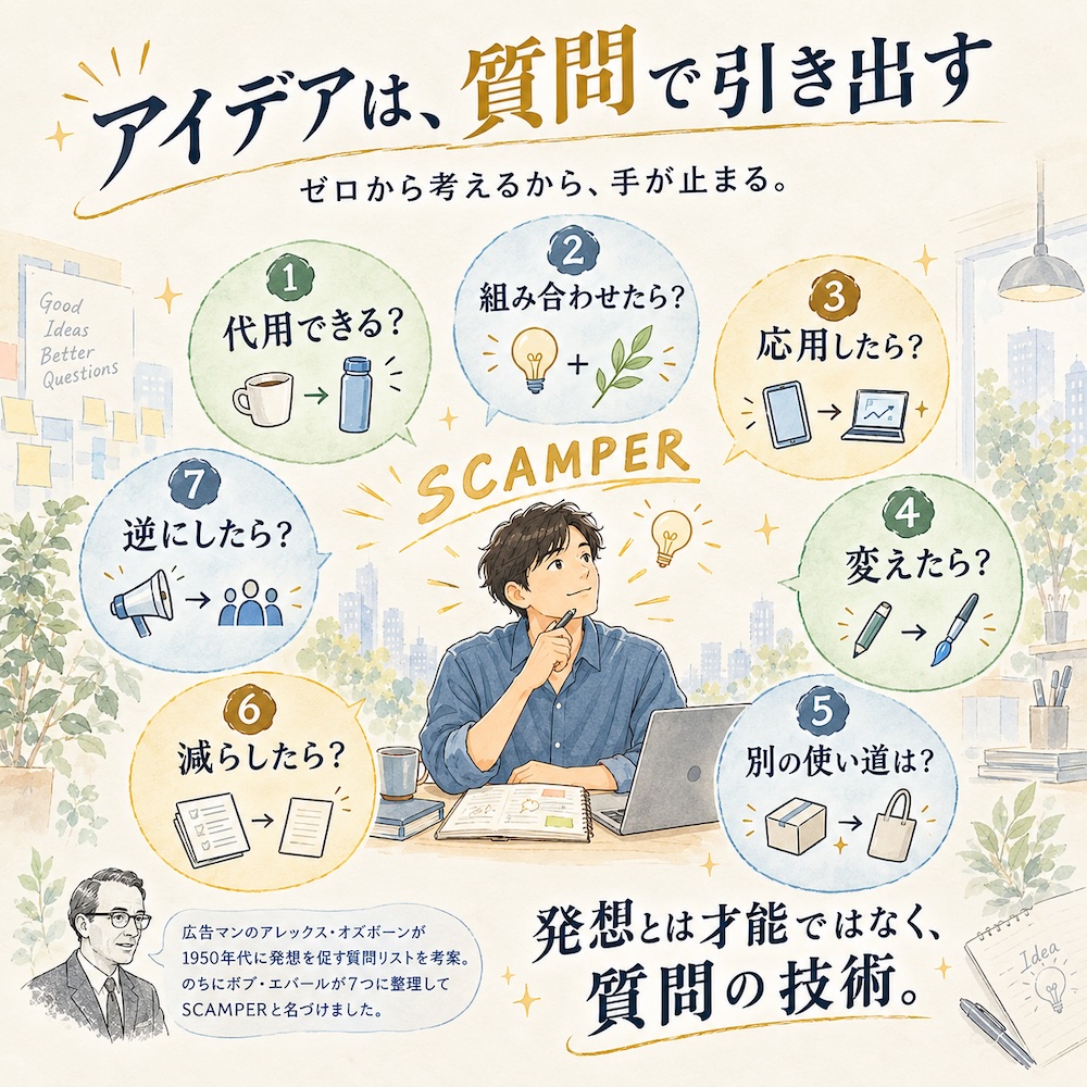 上に「アイデアは、質問で引き出す」、その下に「ゼロから考えるから、手が止まる。」と書かれたイラスト。中央では青いシャツの男性が、ノートパソコンとノートを前にペンをあごに当てて考えていて、頭の上に「SCAMPER」の文字。男性のまわりの7つの吹き出しに、番号つきで「代用できる？」「組み合わせたら？」「応用したら？」「変えたら？」「別の使い道は？」「減らしたら？」「逆にしたら？」と書かれ、それぞれにマグカップから水筒、電球と葉、スマートフォンからノートパソコン、鉛筆から筆、段ボール箱から手提げ袋、重なった書類から1枚の紙、メガホンから人の集まりへの小さな絵がついている。左下には眼鏡をかけたスーツの年配の男性の絵と「広告マンのアレックス・オズボーンが1950年代に発想を促す質問リストを考案。のちにボブ・エバールが7つに整理してSCAMPERと名づけました。」の説明、右下に「発想とは才能ではなく、質問の技術。」。
