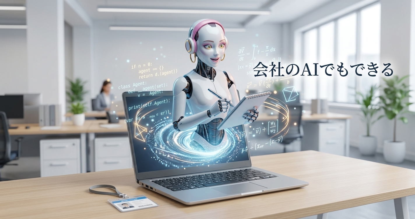 ノートパソコンから現れてノートを持つAIの秘書と、「会社のAIでもできる」の文字