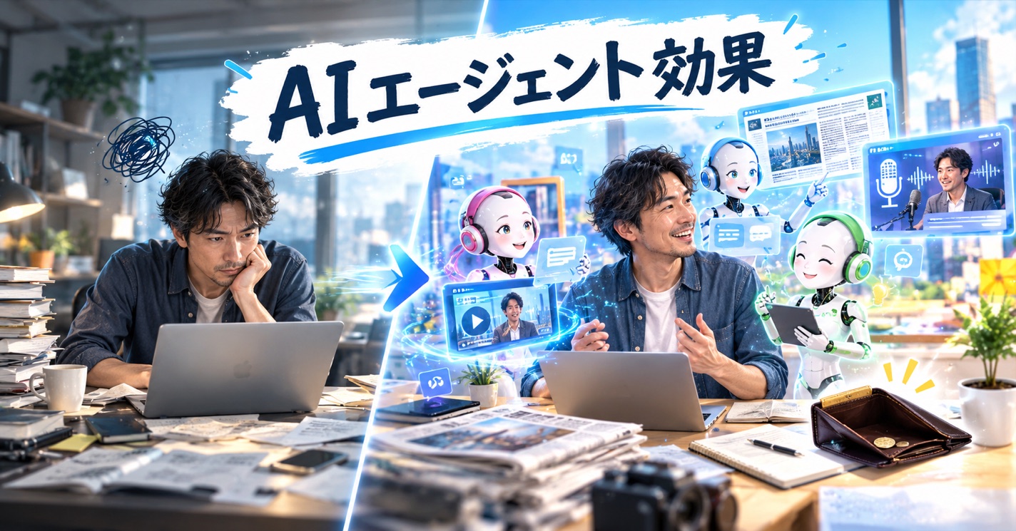 「AIエージェント効果」の文字。机で頬杖をついて悩む男性と、AIロボットたちに囲まれて笑顔で話す男性を左右に並べた絵。右側に新聞とラジオの画面が浮かび、机の上に小銭の入った財布がある